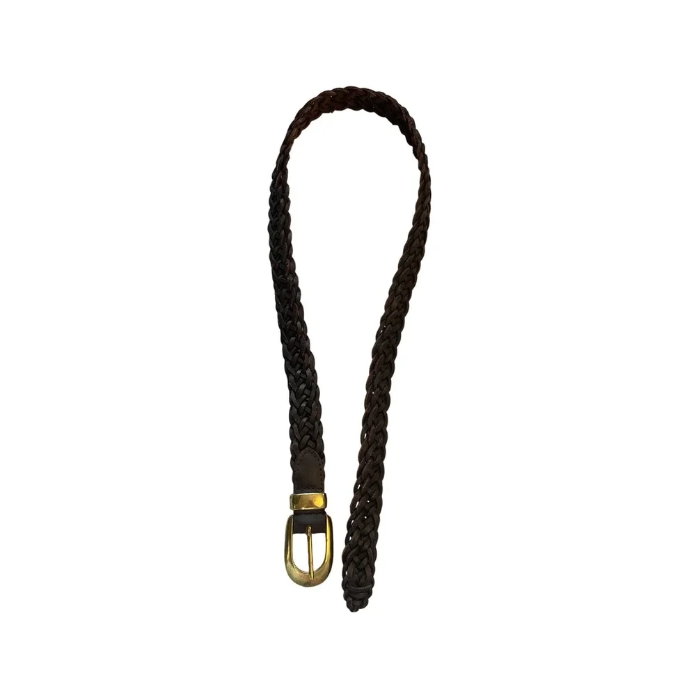 Vintage Dark Brown Braided Genuine Leather Belt Brass Buckle Boho 39